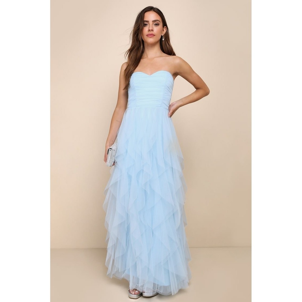Lulus Delightful Beauty Blue Mesh Strapless Ruched Ruffled Maxi Dress L NWT